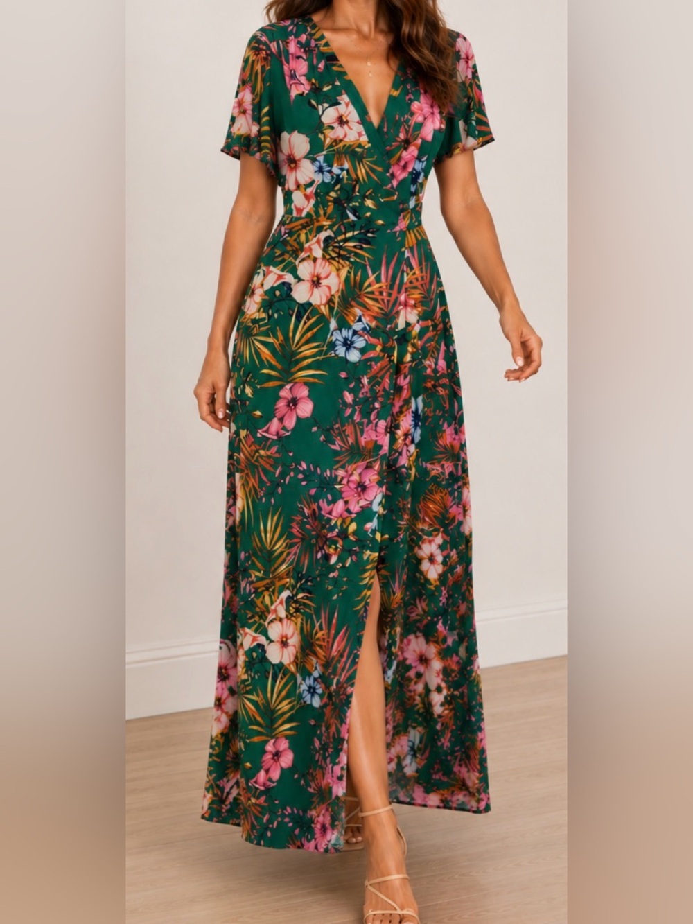 New York & Company Green Floral Wrap Maxi Dress with Pink Accents